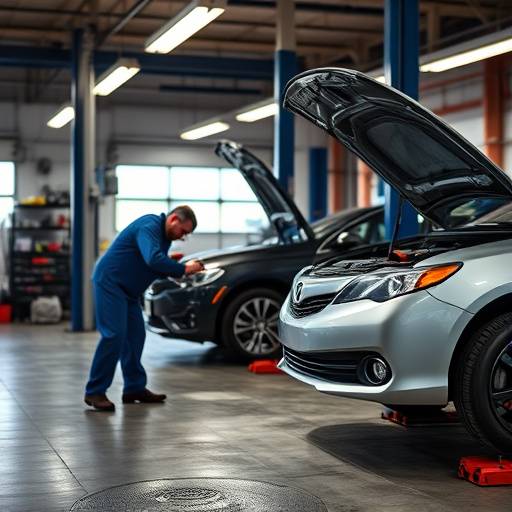 A car being serviced at a mechanic's shop, representing automotive services