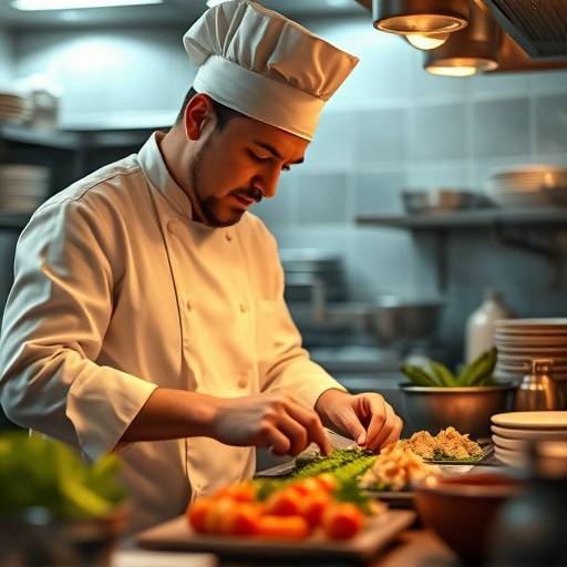A chef preparing food in a kitchen, representing restaurants and dining