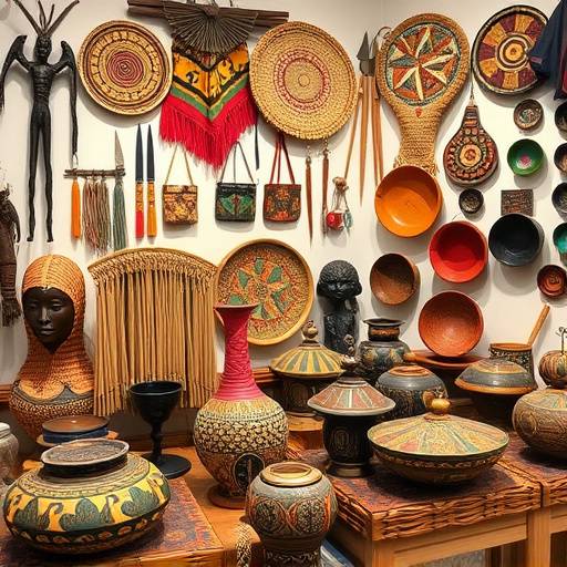 A display of various handcrafted goods at 'Arts of Africa Gallery'